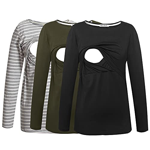 Smallshow Damen Umstands-Still-Top, bequem, langärmelig, Still-T-Shirt, Grau gestreift/Armeegrün/Schwarz (Baumwolle), Groß von Smallshow