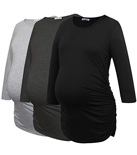 Smallshow Damen Schwanger Mutterschaft Oberteile 3/4 Ärmel Umstandsshirts Schwangere Tops Schwangerschafts Umstandstop 3er Pack,Black/Deep Grey/Light Grey,2XL von Smallshow