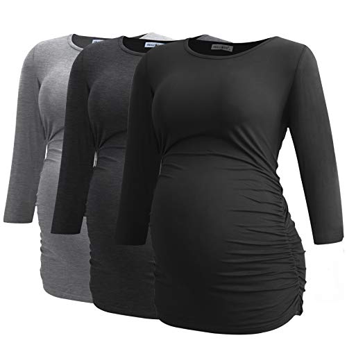 Smallshow Damen Schwanger Mutterschaft Oberteile 3/4 Ärmel Umstandsshirts Schwangere Tops Schwangerschafts Umstandstop 3er Pack,Black/Deep Grey/Light Grey,S von Smallshow