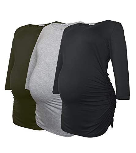 Smallshow Damen Schwanger Mutterschaft Oberteile 3/4 Ärmel Umstandsshirts Schwangere Tops Schwangerschafts Umstandstop 3er Pack,Black/Grey/Army Green,L von Smallshow