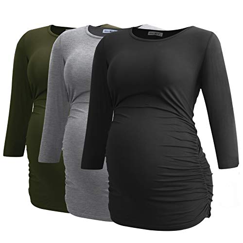 Smallshow Damen Schwanger Mutterschaft Oberteile 3/4 Ärmel Umstandsshirts Schwangere Tops Schwangerschafts Umstandstop 3er Pack,Black/Grey/Army Green,L von Smallshow