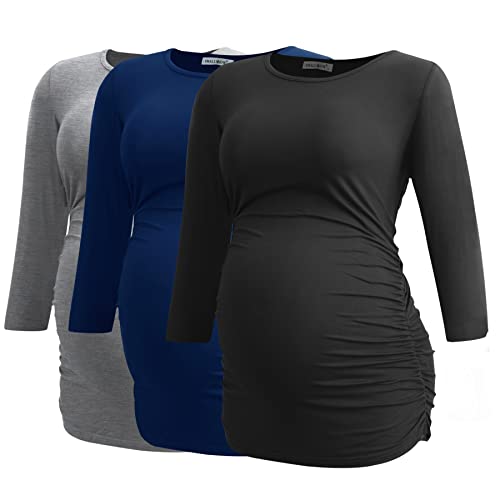 Smallshow Damen Schwanger Mutterschaft Oberteile 3/4 Ärmel Umstandsshirts Schwangere Tops Schwangerschafts Umstandstop 3er Pack,Black/Grey/Navy,L von Smallshow