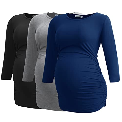 Smallshow Damen Schwanger Mutterschaft Oberteile 3/4 Ärmel Umstandsshirts Schwangere Tops Schwangerschafts Umstandstop 3er Pack,Black/Grey/Navy,M von Smallshow
