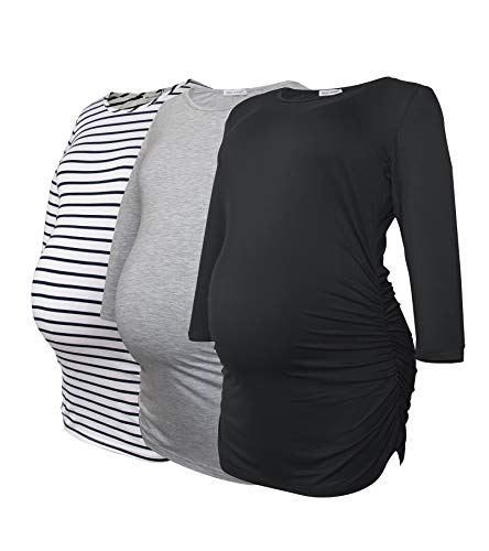 Smallshow Damen Schwanger Mutterschaft Oberteile 3/4 Ärmel Umstandsshirts Schwangere Tops Schwangerschafts Umstandstop 3er Pack,Black/Grey/White Stripe,M von Smallshow