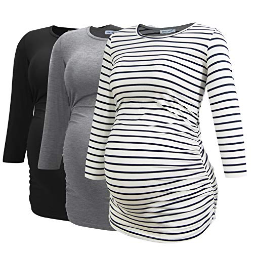Smallshow Damen Schwanger Mutterschaft Oberteile 3/4 Ärmel Umstandsshirts Schwangere Tops Schwangerschafts Umstandstop 3er Pack,Black/Grey/White Stripe,S von Smallshow