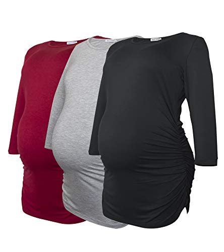 Smallshow Damen Schwanger Mutterschaft Oberteile 3/4 Ärmel Umstandsshirts Schwangere Tops Schwangerschafts Umstandstop 3er Pack,Black/Grey/Wine,2XL von Smallshow