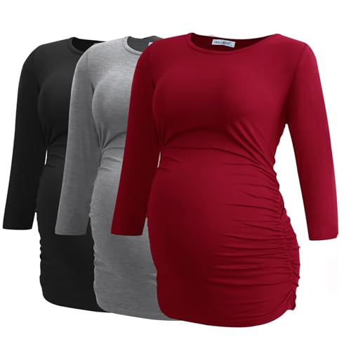 Smallshow Damen Schwanger Mutterschaft Oberteile 3/4 Ärmel Umstandsshirts Schwangere Tops Schwangerschafts Umstandstop 3er Pack,Black/Grey/Wine,L von Smallshow