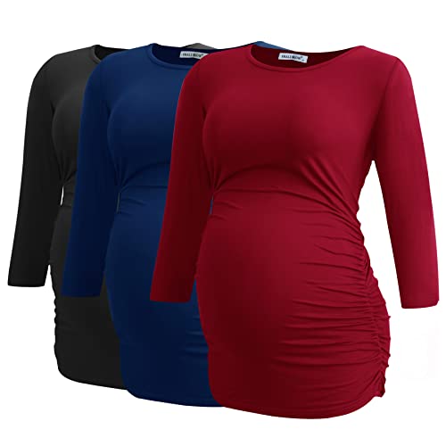 Smallshow Damen Schwanger Mutterschaft Oberteile 3/4 Ärmel Umstandsshirts Schwangere Tops Schwangerschafts Umstandstop 3er Pack,Black/Navy/Wine,L von Smallshow