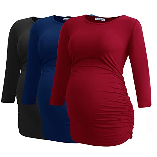 Smallshow Damen Schwanger Mutterschaft Oberteile 3/4 Ärmel Umstandsshirts Schwangere Tops Schwangerschafts Umstandstop 3er Pack,Black/Navy/Wine,M von Smallshow