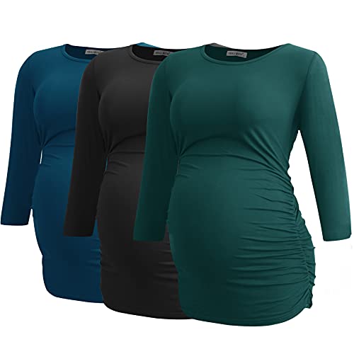 Smallshow Damen Schwanger Mutterschaft Oberteile 3/4 Ärmel Umstandsshirts Schwangere Tops Schwangerschafts Umstandstop 3er Pack,Black-Deep Green-Teal,2XL von Smallshow