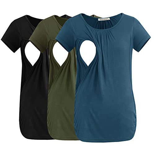 Smallshow Damen Still-Tops, gerüscht, kurzärmelig, Still-Shirt, 3er-Pack, Armeegrün-schwarz-grau-blau, Mittel von Smallshow