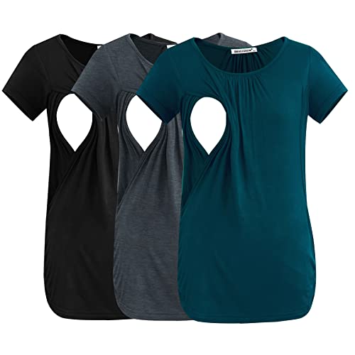 Smallshow Damen Still-Tops, gerüscht, kurzärmelig, Still-Shirt, 3er-Pack, Schwarz-Dunkelgrau-Blaugrün, Groß von Smallshow