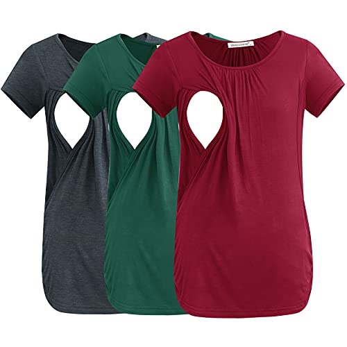 Smallshow Damen Still-Tops, gerüscht, kurzärmelig, Still-Shirt, 3er-Pack, Tiefgrün-tief-grau-weinrot, Klein von Smallshow