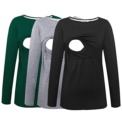 Smallshow Damen Still-Tops Bequemes Langarm Stillen T-Shirt Klein Grün/Schwarz/Grau (Baumwolle) von Smallshow