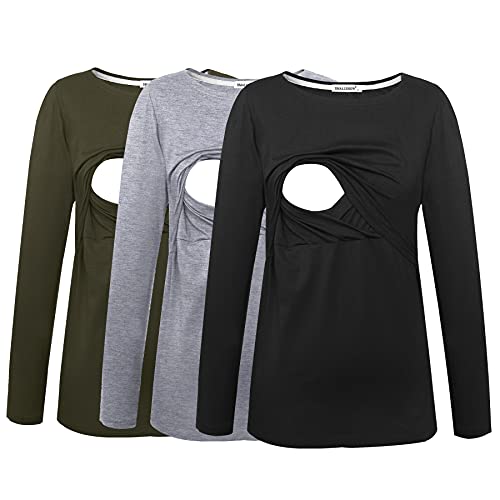 Smallshow Damen Still-Tops Bequemes Langarm Stillen T-Shirt Mittel Armee-Grün/Schwarz/Grau (Baumwolle) von Smallshow