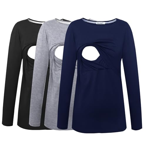 Smallshow Damen Still-Tops Bequemes Langarm Stillen T-Shirt groß Navy/Schwarz/Grau (Baumwolle) von Smallshow