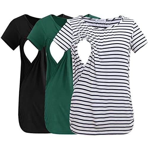 Smallshow Damen Still-Tops gerüscht Kurzarm Stillshirts 3er-Pack, Schwarz-tiefgrün-weiß gestreift, Mittel von Smallshow