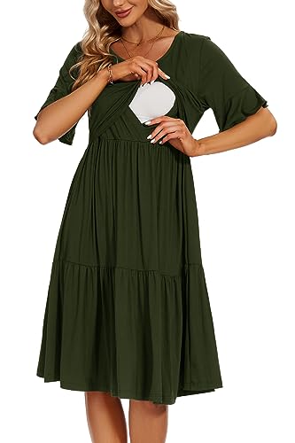Smallshow Damen Stillkleid Kurzarm Rüschen Umstandskleid Umstandsmode,Army Green,M von Smallshow