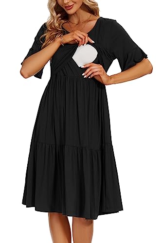 Smallshow Damen Stillkleid Kurzarm Rüschen Umstandskleid Umstandsmode,Black,S von Smallshow