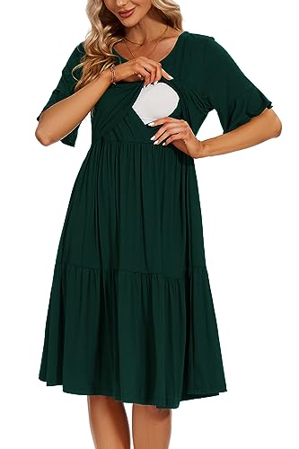 Smallshow Damen Stillkleid Kurzarm Rüschen Umstandskleid Umstandsmode,Deep Green,M von Smallshow
