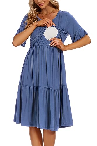 Smallshow Damen Stillkleid Kurzarm Rüschen Umstandskleid Umstandsmode,Grey Blue,L von Smallshow