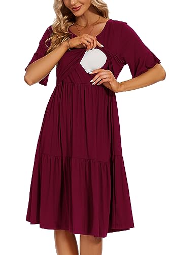 Smallshow Damen Stillkleid Kurzarm Rüschen Umstandskleid Umstandsmode,Maroon,L von Smallshow