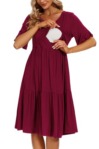 Smallshow Damen Stillkleid Kurzarm Rüschen Umstandskleid Umstandsmode,Maroon,XXL Smallshow Damen Stillkleid Kurzarm Rüschen Umstandskleid Umstandsmode,Maroon,XXL von Smallshow
