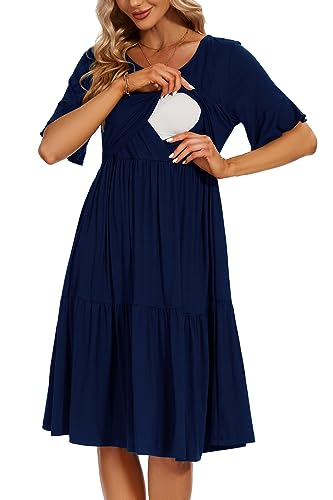 Smallshow Damen Stillkleid Kurzarm Rüschen Umstandskleid Umstandsmode,Navy,XL von Smallshow