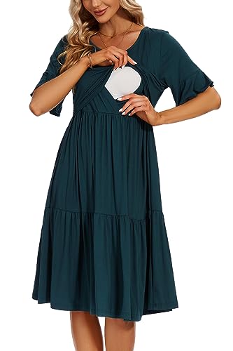 Smallshow Damen Stillkleid Kurzarm Rüschen Umstandskleid Umstandsmode,Teal,L von Smallshow