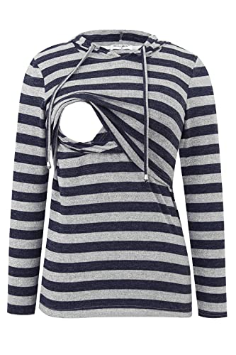 Smallshow Damen Stilloberteile Langarm Stillshirt Hoodie, Marineblau gestreift, XL von Smallshow