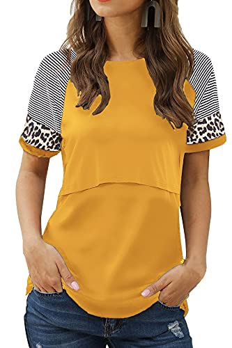 Smallshow Damen Stillshirt Kurzarm Patchwork Ärmel Stilltop - Gelb - XX-Large von Smallshow