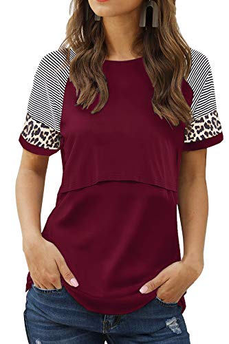 Smallshow Damen Stillshirt Kurzarm Umstandsmode Tshirt Still Nursing Tops Sommer,Wine,M von Smallshow