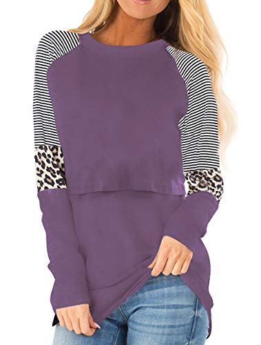 Smallshow Damen Stillshirt Langarm O-Neck Umstandsmode Tshirt Still Nursing Tops,Purple,L von Smallshow