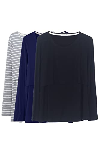 Smallshow Damen Stillshirt Langarm Umstandsshirt 3er Pack,Black-Navy-Light Grey Stripe,2XL von Smallshow