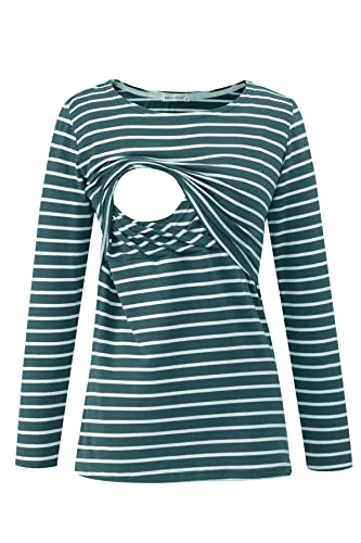 Smallshow Damen Stillshirt Umstandsmode T-Shirt Umstandstop Umstandsshirt Schwangerschaft Kleidung Stilltop Langarmshirt Deep Green Stripe L von Smallshow