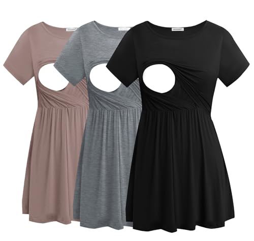 Smallshow Damen Stillshirts Umstandsmode Tops Schwangerschafts Stilltop 3er Pack,Black-Brown-Light Grey,S von Smallshow