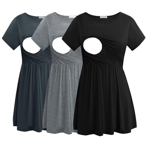 Smallshow Damen Stillshirts Umstandsmode Tops Schwangerschafts Stilltop 3er Pack,Black-Dark Grey-Light Grey,L von Smallshow