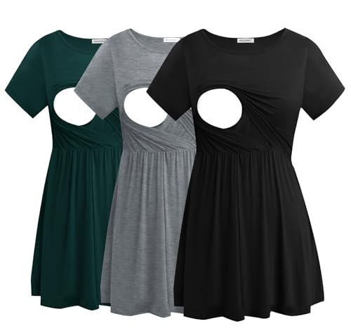 Smallshow Damen Stillshirts Umstandsmode Tops Schwangerschafts Stilltop 3er Pack,Black-Deep Green-Light Grey,L von Smallshow