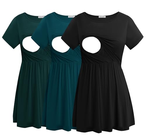 Smallshow Damen Stillshirts Umstandsmode Tops Schwangerschafts Stilltop 3er Pack,Black-Deep Green-Teal,XL von Smallshow