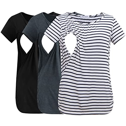 Smallshow Damen Stilltops gerüscht Kurzarm Stillshirts 3er-Pack, Schwarz-tief-grau-weiß gestreift, Mittel von Smallshow