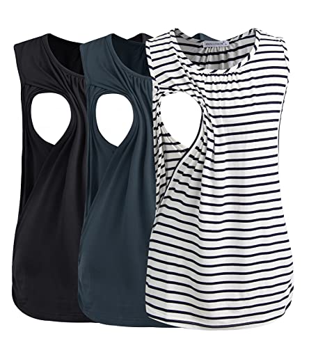 Smallshow 3er Pack Umstands-Still-Tanktops Ärmellos Stillen Tops Damen Stilloberteile,Black-Dark Grey-White Stripe,L von Smallshow