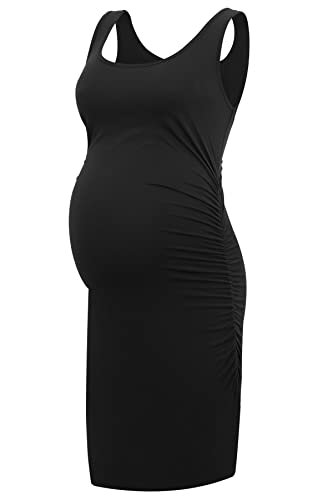 Smallshow Damen Umstandskleid Ärmellos Gerafft Schwangerschaft Kleidung Sommer, Schwarz , M von Smallshow