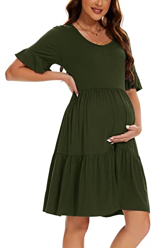 Smallshow Damen Umstandskleid Kurzarm Sommer Schwangerschafts Umstandsmode Kleid Army Green L von Smallshow