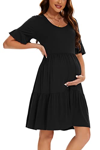 Smallshow Damen Umstandskleid Kurzarm Sommer Schwangerschafts Umstandsmode Kleid Black M von Smallshow