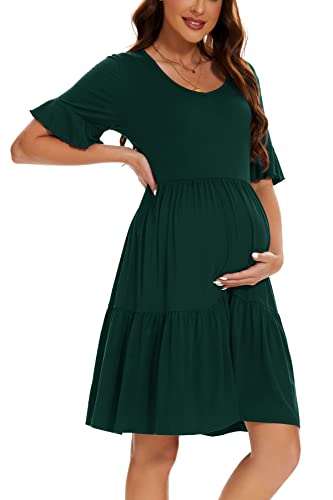 Smallshow Damen Umstandskleid Kurzarm Sommer Schwangerschafts Umstandsmode Kleid Deep Green L von Smallshow