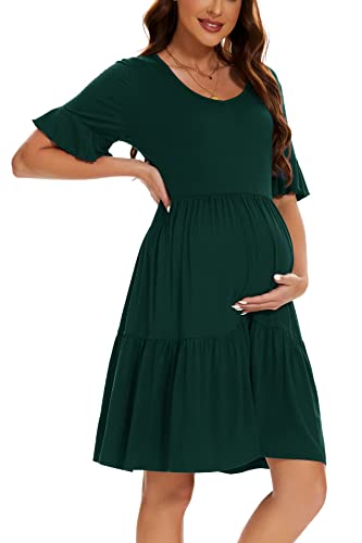Smallshow Damen Umstandskleid Kurzarm Sommer Schwangerschafts Umstandsmode Kleid Deep Green XL von Smallshow