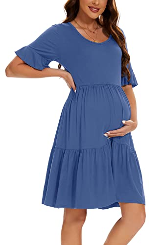 Smallshow Damen Umstandskleid Kurzarm Sommer Schwangerschafts Umstandsmode Kleid Grey Blue M von Smallshow