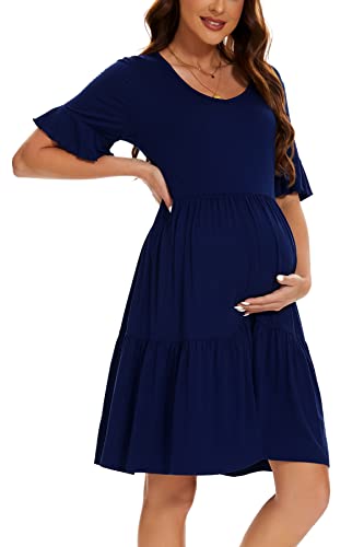 Smallshow Damen Umstandskleid Kurzarm Sommer Schwangerschafts Umstandsmode Kleid Navy M von Smallshow