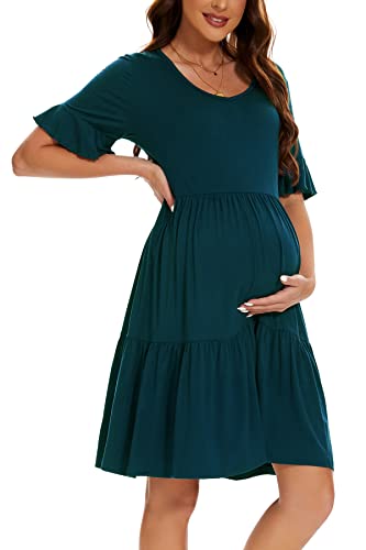 Smallshow Damen Umstandskleid Kurzarm Sommer Schwangerschafts Umstandsmode Kleid Teal L von Smallshow