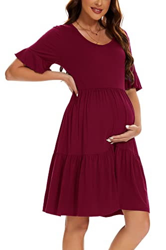 Smallshow Damen Umstandskleid Kurzarm Sommer Schwangerschafts Umstandsmode Kleid Wine M von Smallshow